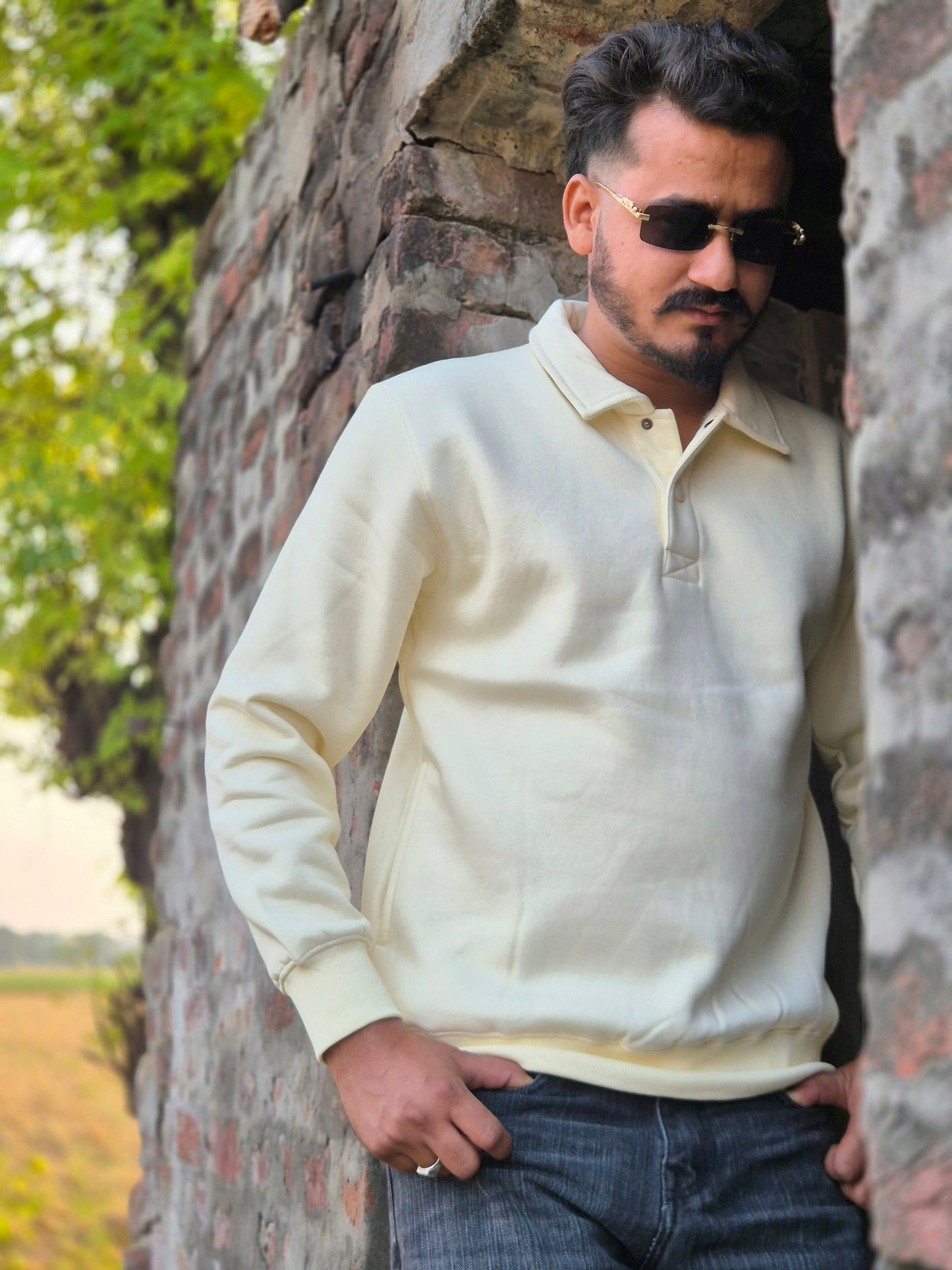 White Half-Button Premium Sweatshirt