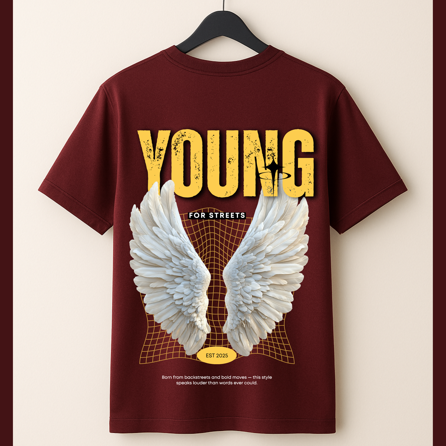 Young with flying feather printed t-shirt in superior quality