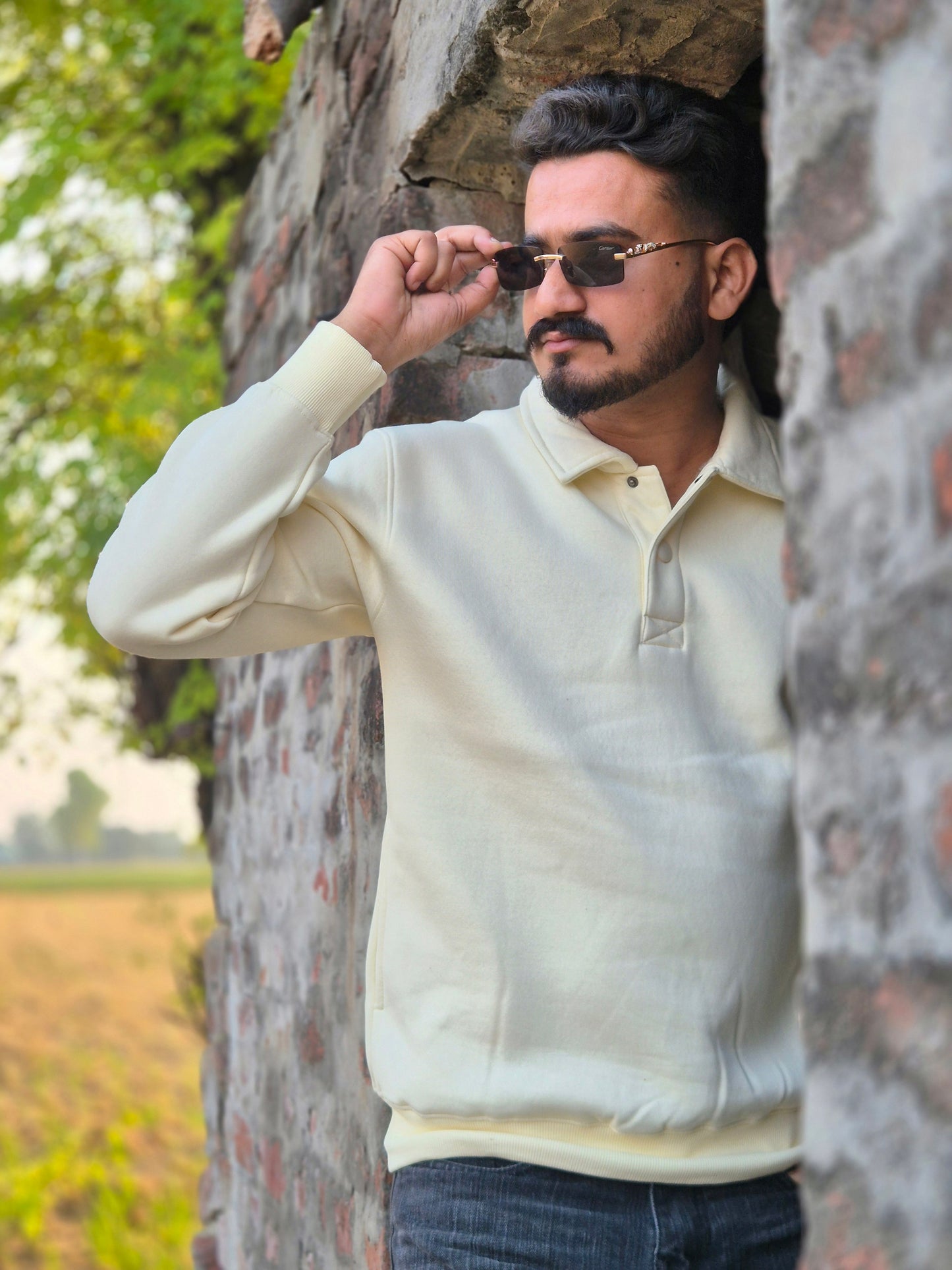 White Half-Button Premium Sweatshirt