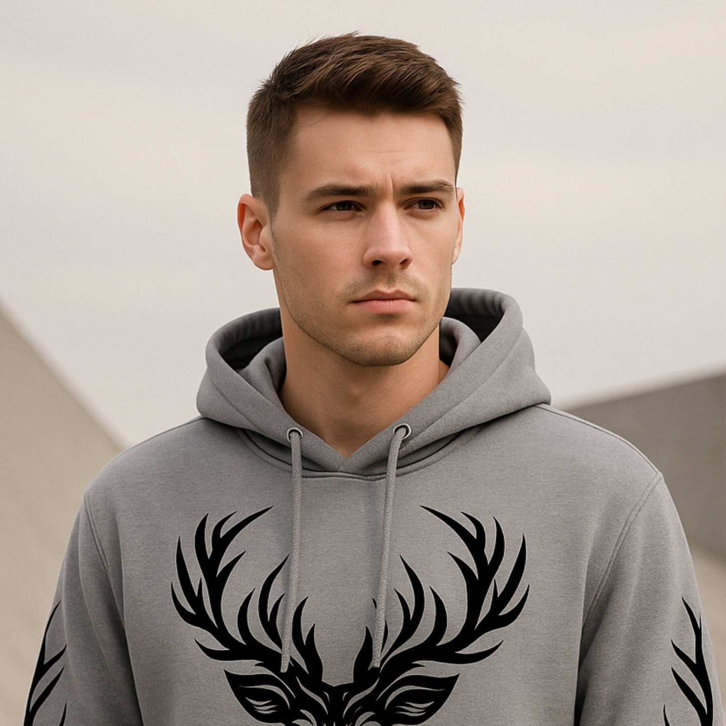 Grey Hoodie with Black Deer Head & Flame Print – Bold Streetwear Style