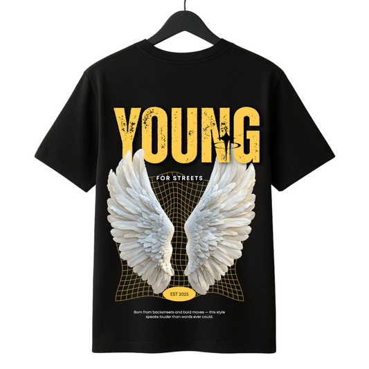 Young with flying feather printed t-shirt in superior quality