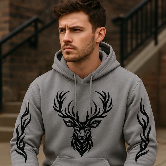 Grey Hoodie with Black Deer Head & Flame Print – Bold Streetwear Style