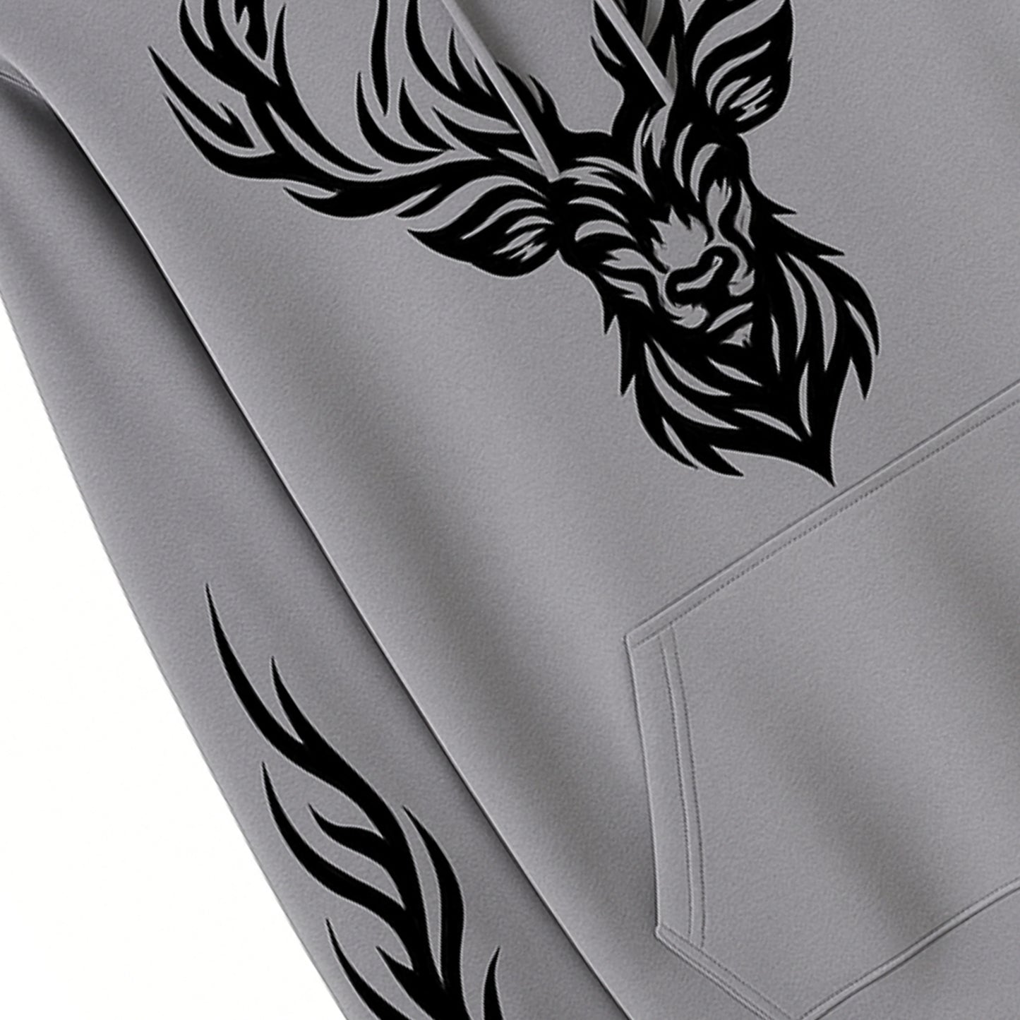 Grey Hoodie with Black Deer Head & Flame Print – Bold Streetwear Style