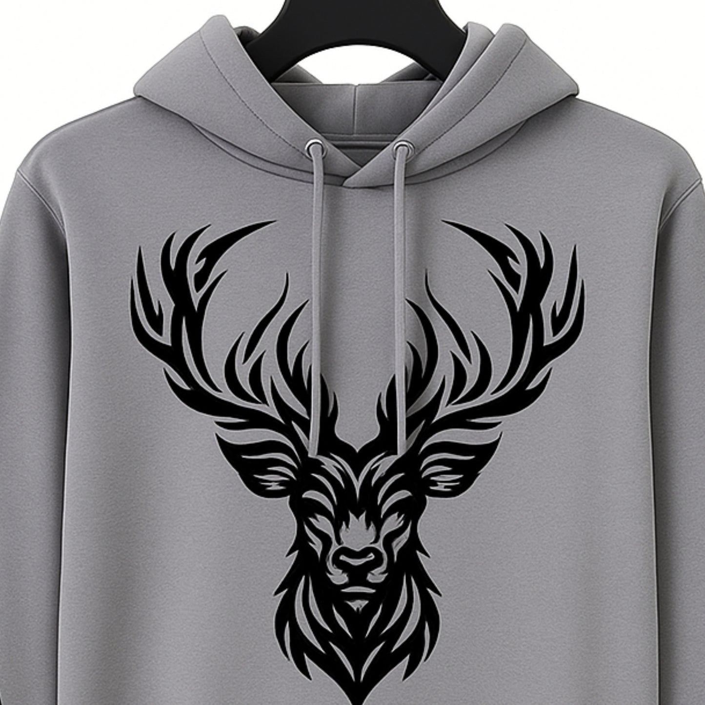 Grey Hoodie with Black Deer Head & Flame Print – Bold Streetwear Style
