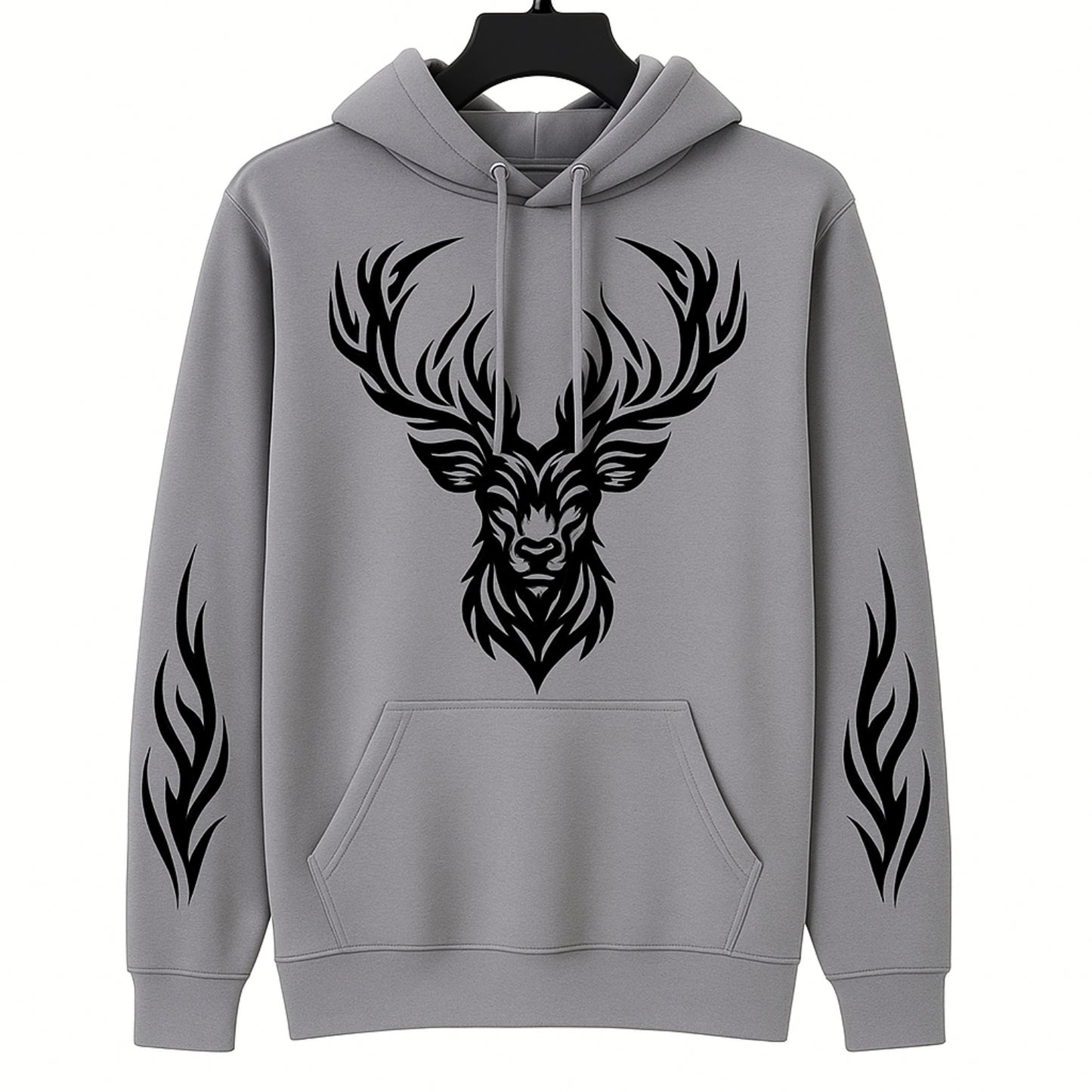 Grey Hoodie with Black Deer Head & Flame Print – Bold Streetwear Style